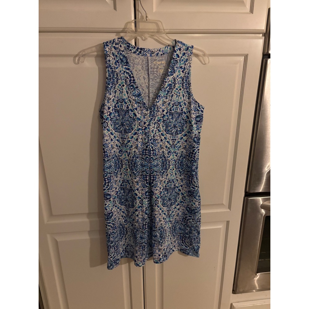 Lilly Pulitzer Blue White Medallion Print Pima Cotton V-Neck Shift Dress XS